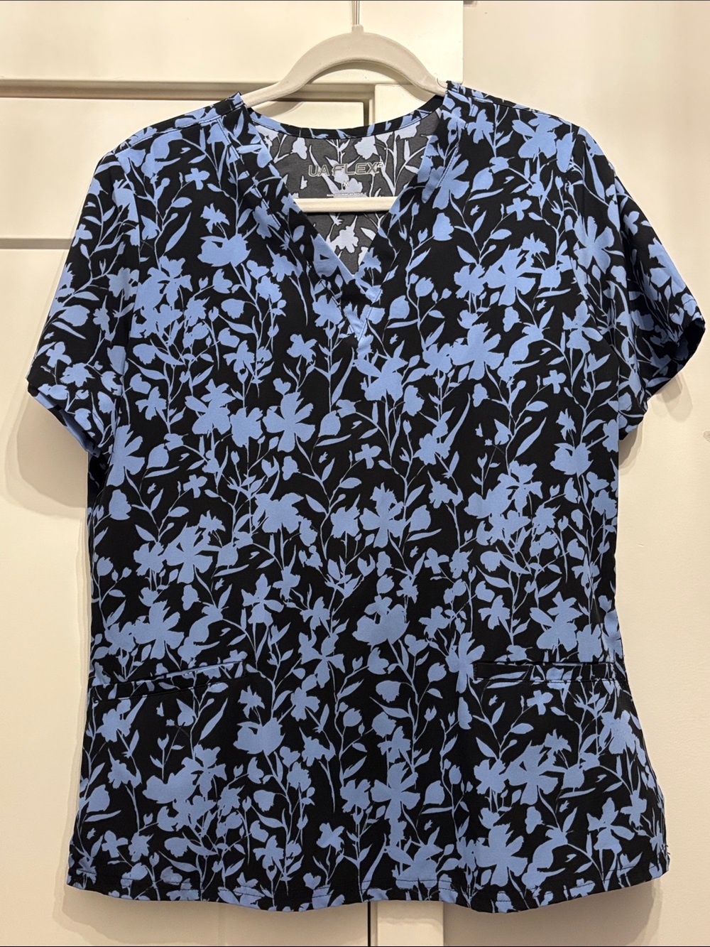 Floral V-Neck Medical Top in Light Blue on Black - UA Scrubs